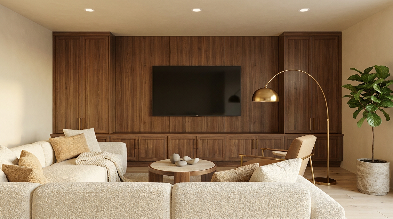 Warm modern basement living area with cream bouclé sectional, walnut floating shelves, and beige limestone fireplace surround